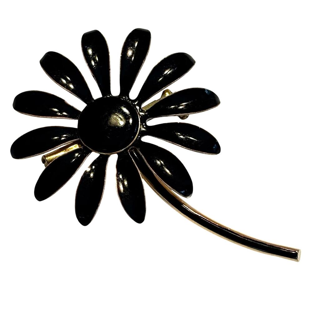 Vintage Mid Century flower power brooch mod gold tone & black enamel daisy